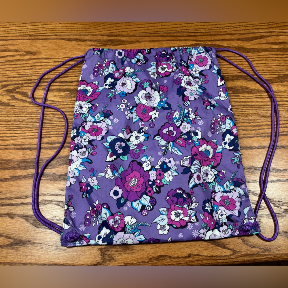 VERA BRADLEY Enchanted Garden Drawstring Bag Purple Floral Backsack - Picture 2 of 9